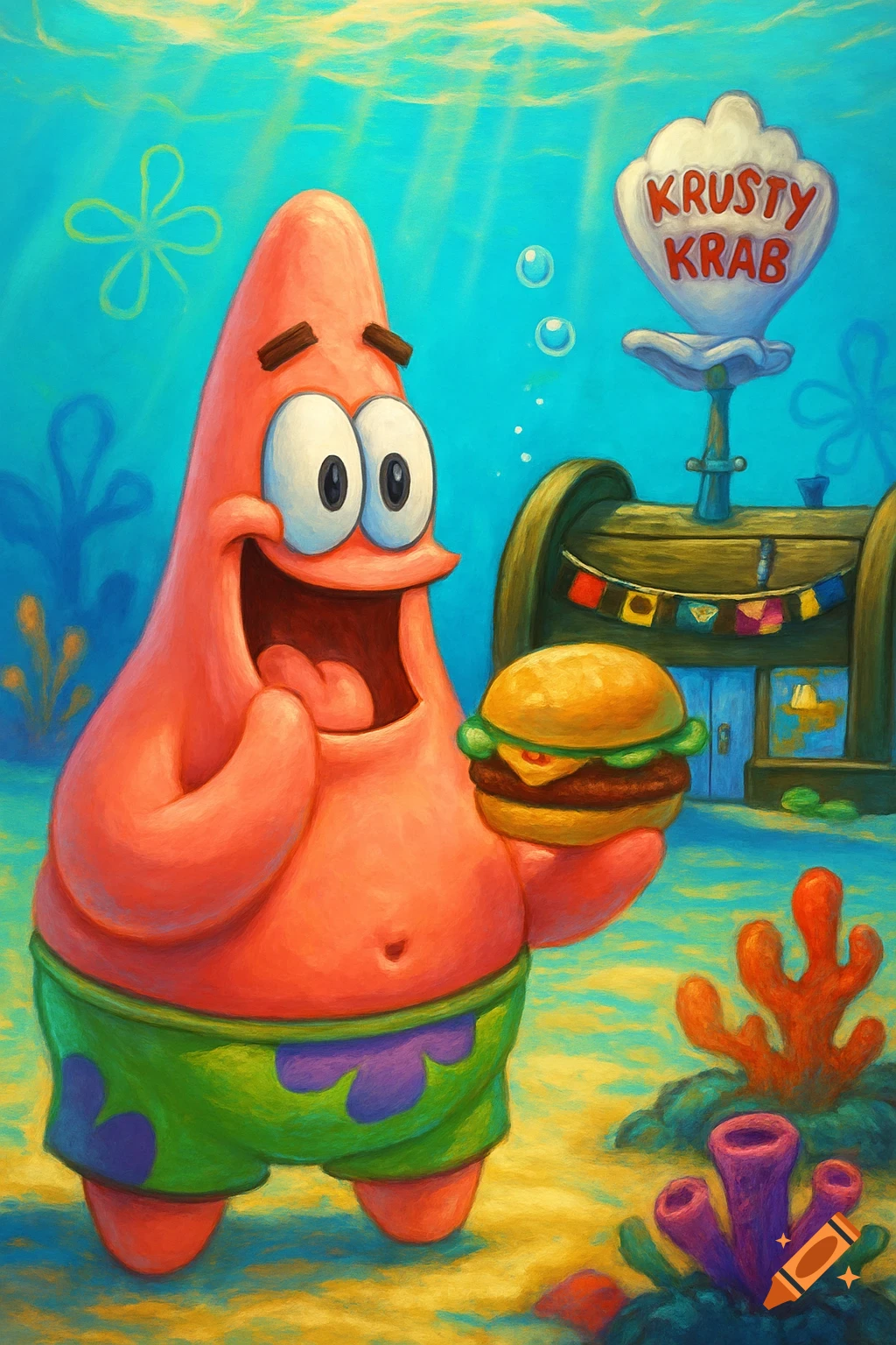 Spongebob Eating a Krabby Patty created on Craiyon, image size:1024x1536