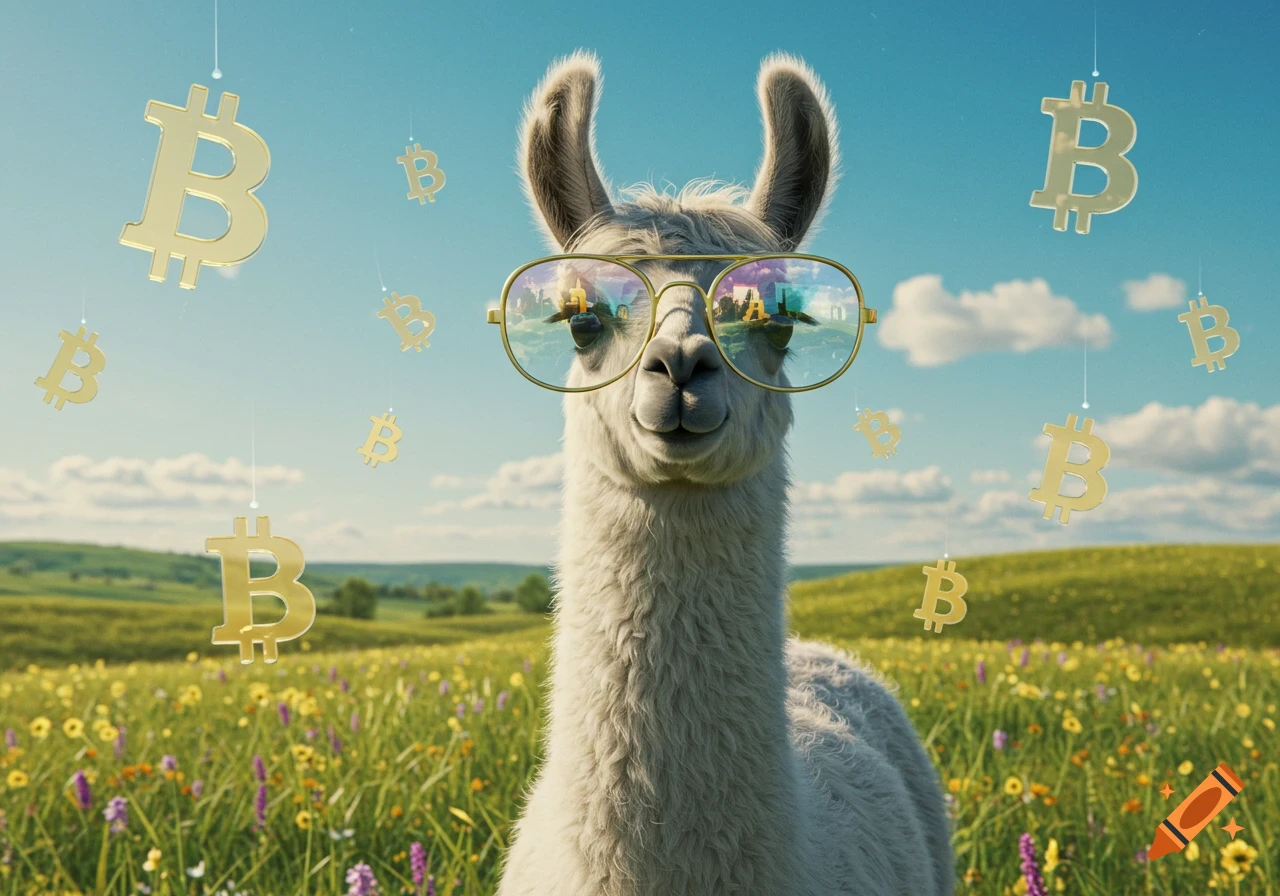 A llama wearing gold-rimmed glasses stands in a vibrant wildflower field with golden Bitcoin symbols floating in the blue sky.