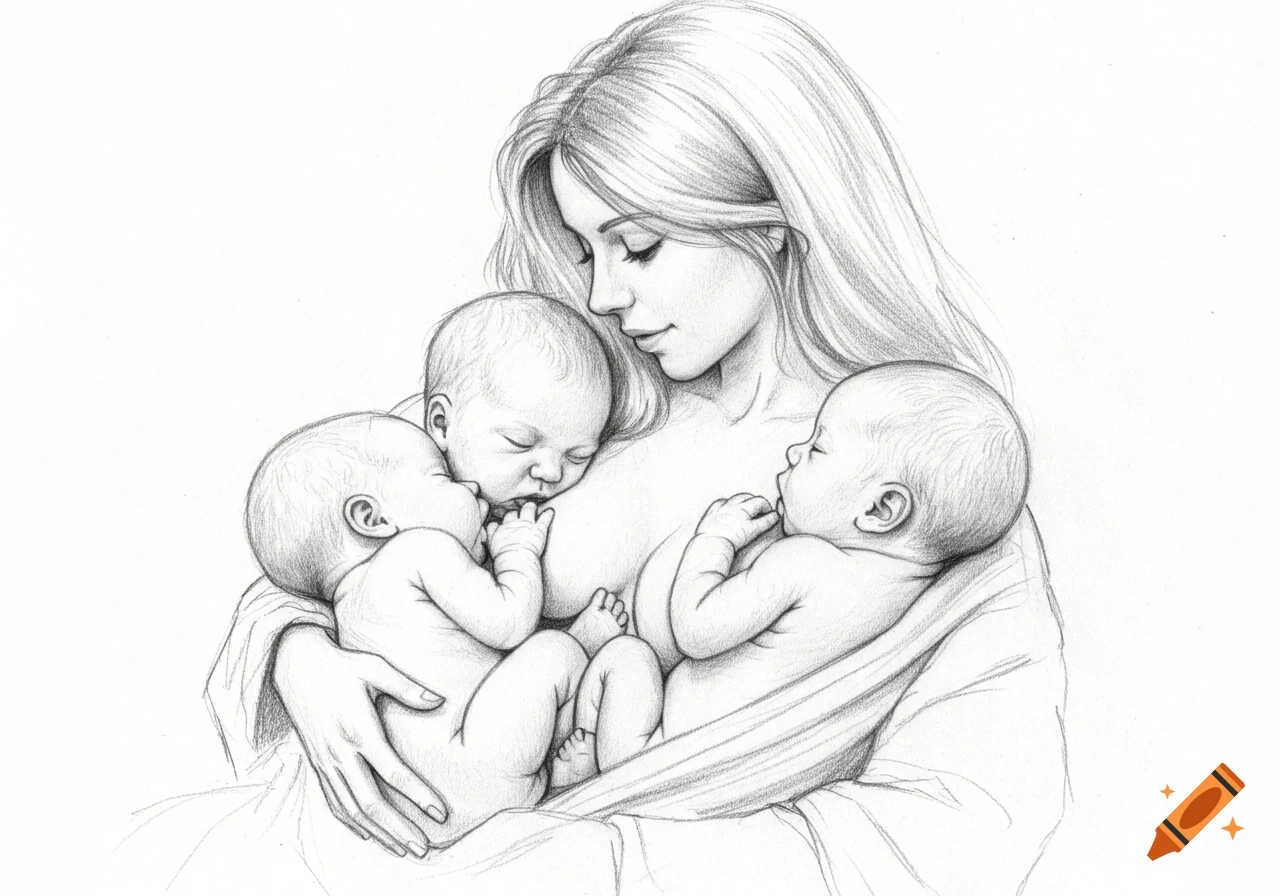 Pencil sketch of a serene mother gently holding and breastfeeding two sleeping twin babies.