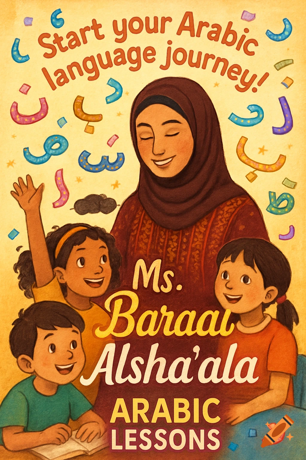 Illustration of a female teacher in hijab with three smiling children, surrounded by Arabic letters, advertising Arabic lessons.