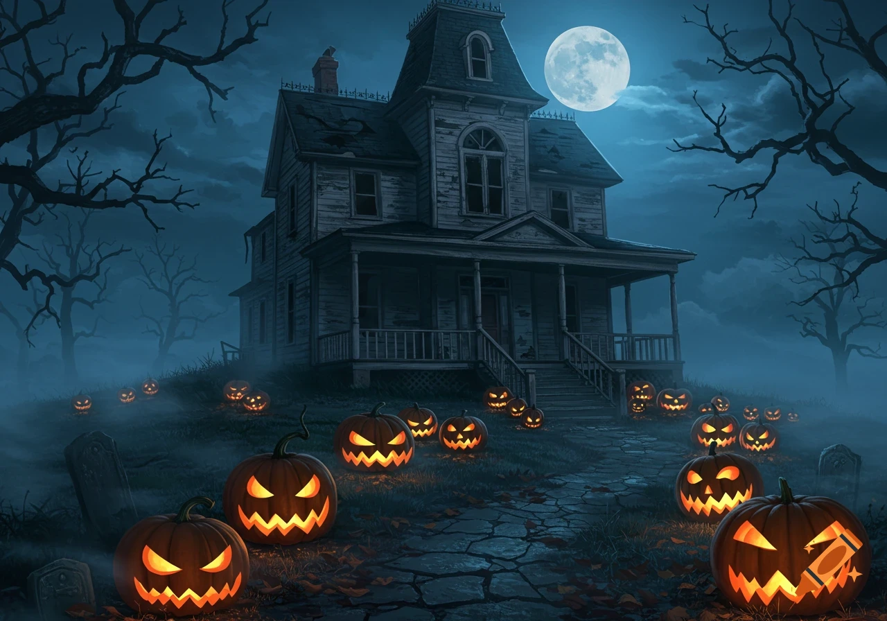 An old, dilapidated haunted house at night, surrounded by glowing jack-o'-lanterns and bare trees under a large full moon, in an illustrative style.