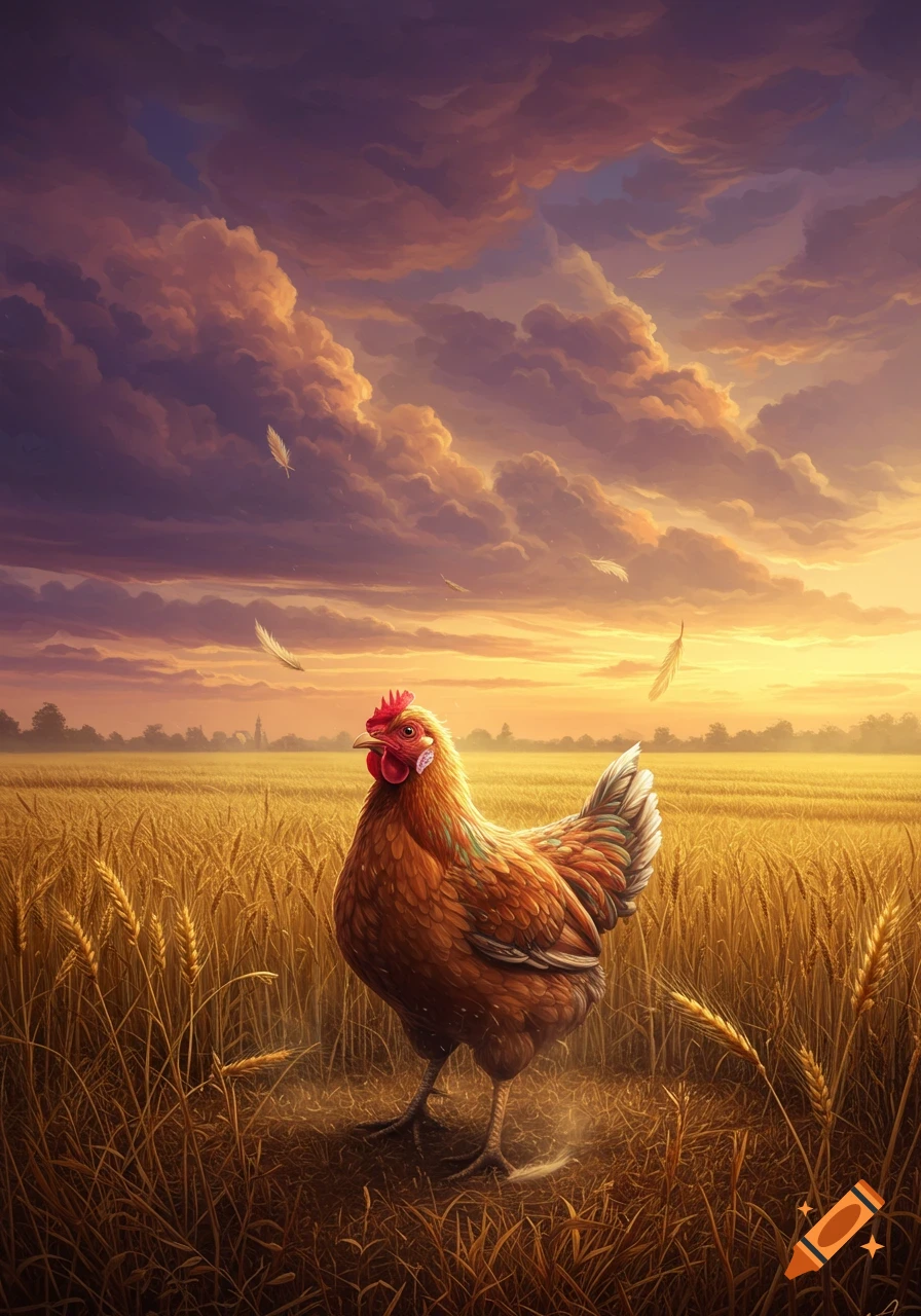 A brown chicken stands in a golden wheat field at sunset under a dramatic sky with floating feathers, painted in a realistic style.