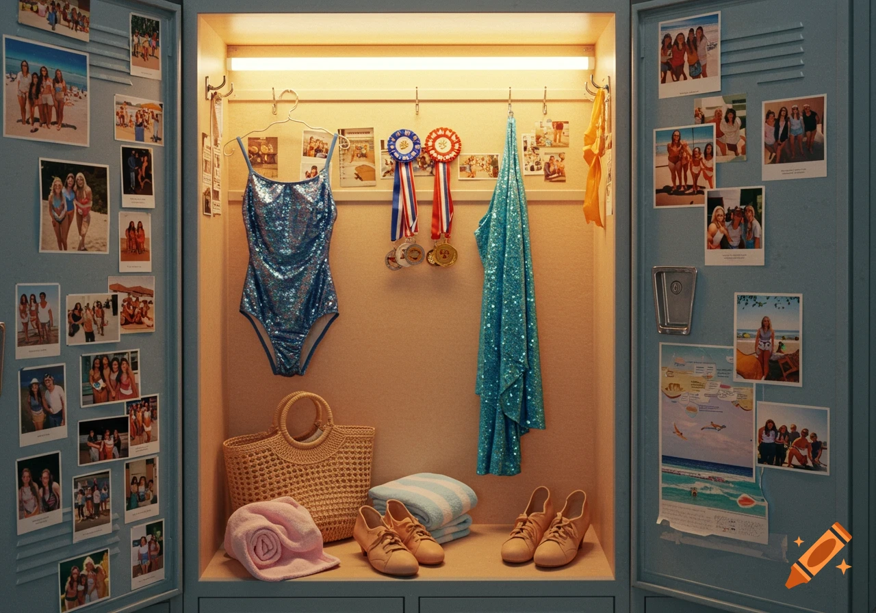An open locker displays a blue sequined swimsuit, a sarong, shoes, a straw bag, medals, and many photos of friends.