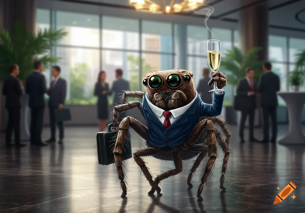 A photorealistic spider in a business suit, holding a champagne glass and a briefcase, stands in a modern office lobby.