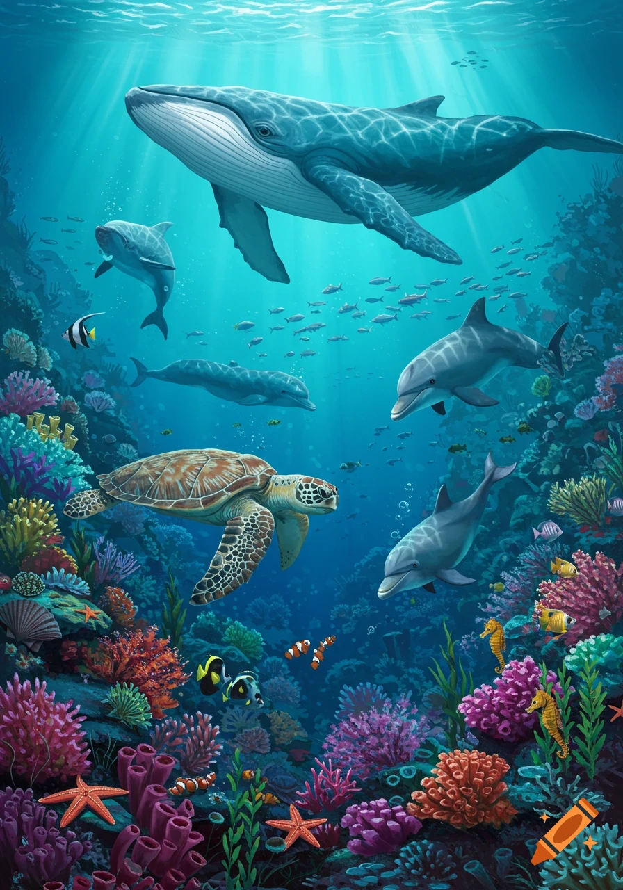 A vibrant underwater scene with a large whale, dolphins, a sea turtle, fish, and seahorses swimming among colorful coral reefs.