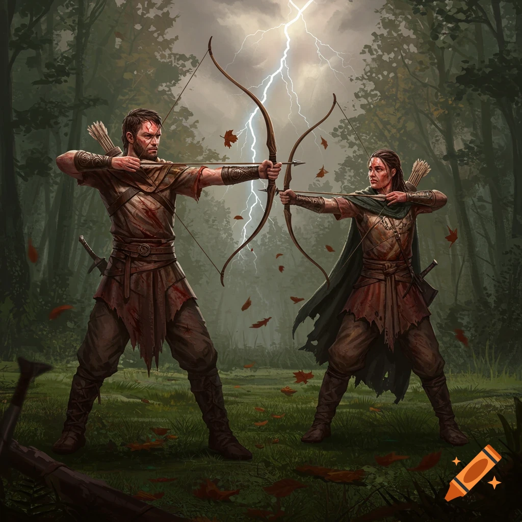 Two fantasy archers, a man and a woman, aim bows and arrows at each other in a forest under a lightning storm, with bloodied clothes.