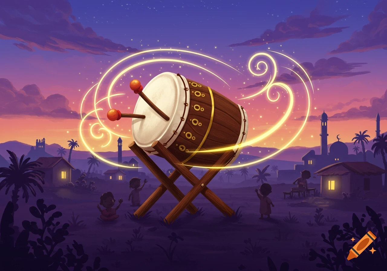 Vibrant stylized illustration of a large drum with glowing magical trails, surrounded by children, houses, and mosques at twilight.