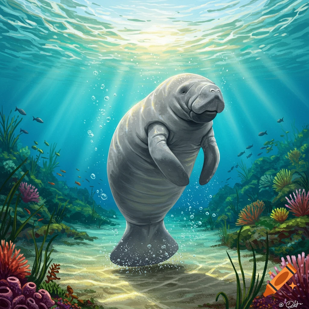 A stylized illustration of a manatee swimming in a vibrant coral reef, with sun rays piercing the turquoise water.