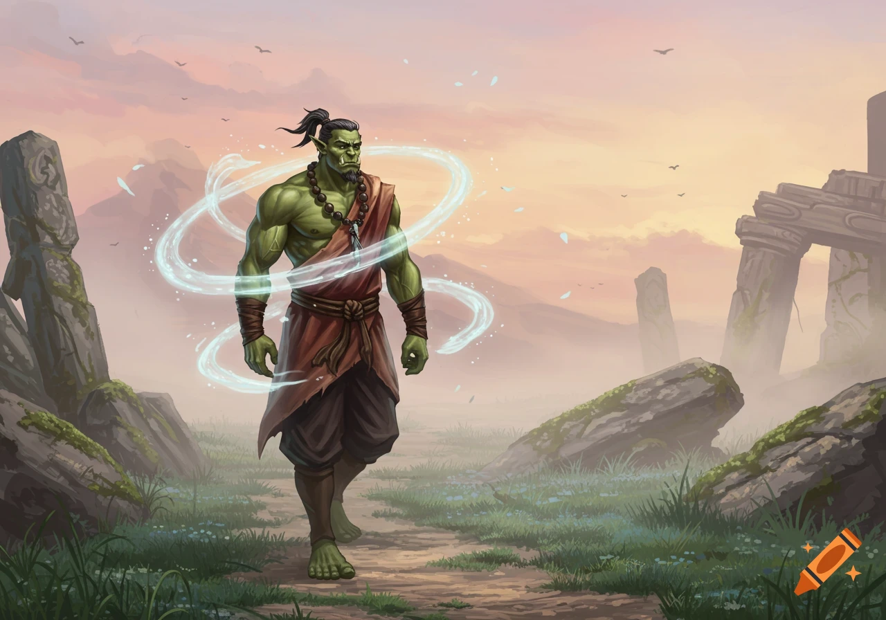 A muscular green-skinned orc monk in a red robe walks on a grassy path, surrounded by glowing light, amidst misty ancient ruins at sunset.