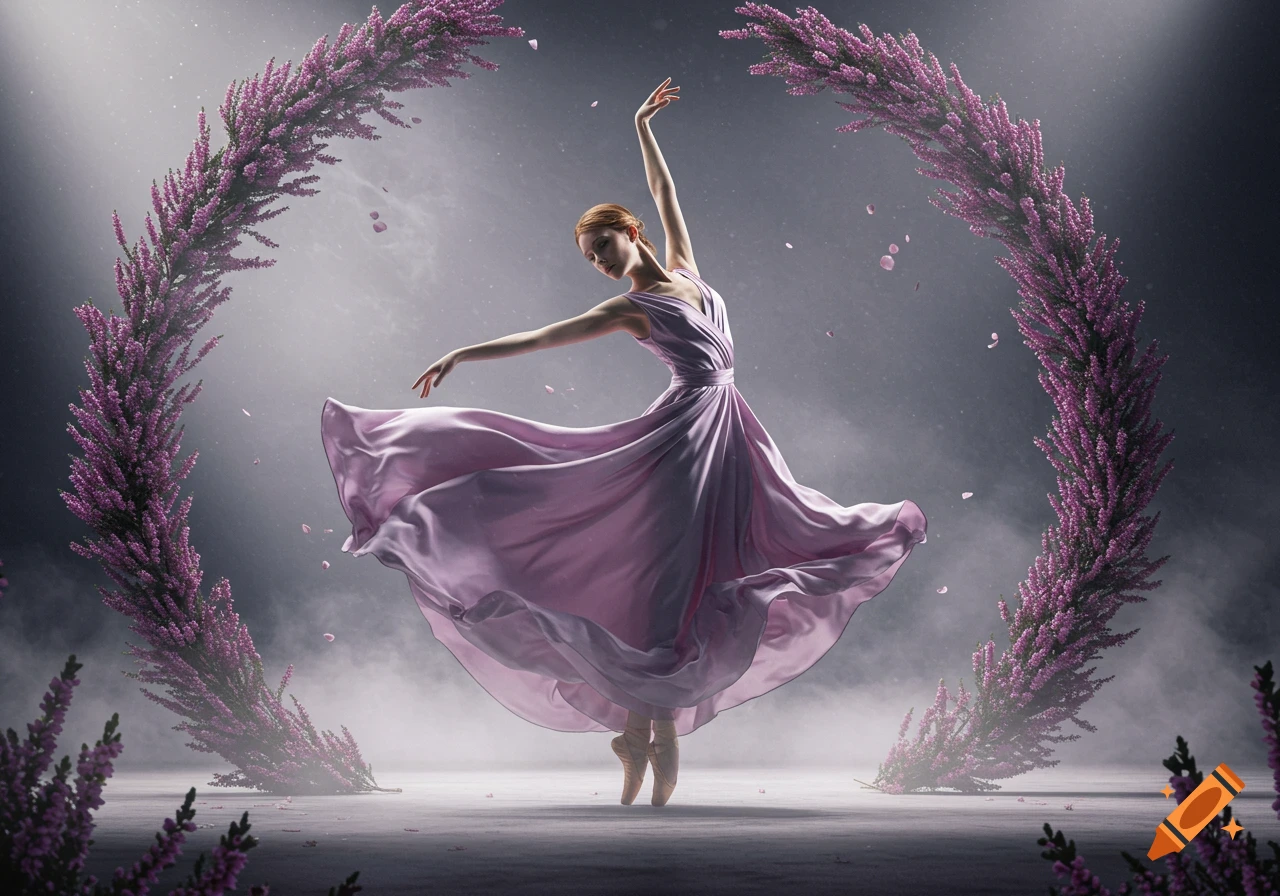 A ballerina in a flowing lavender dress dances gracefully amidst a misty setting, framed by arcs of purple flowers.