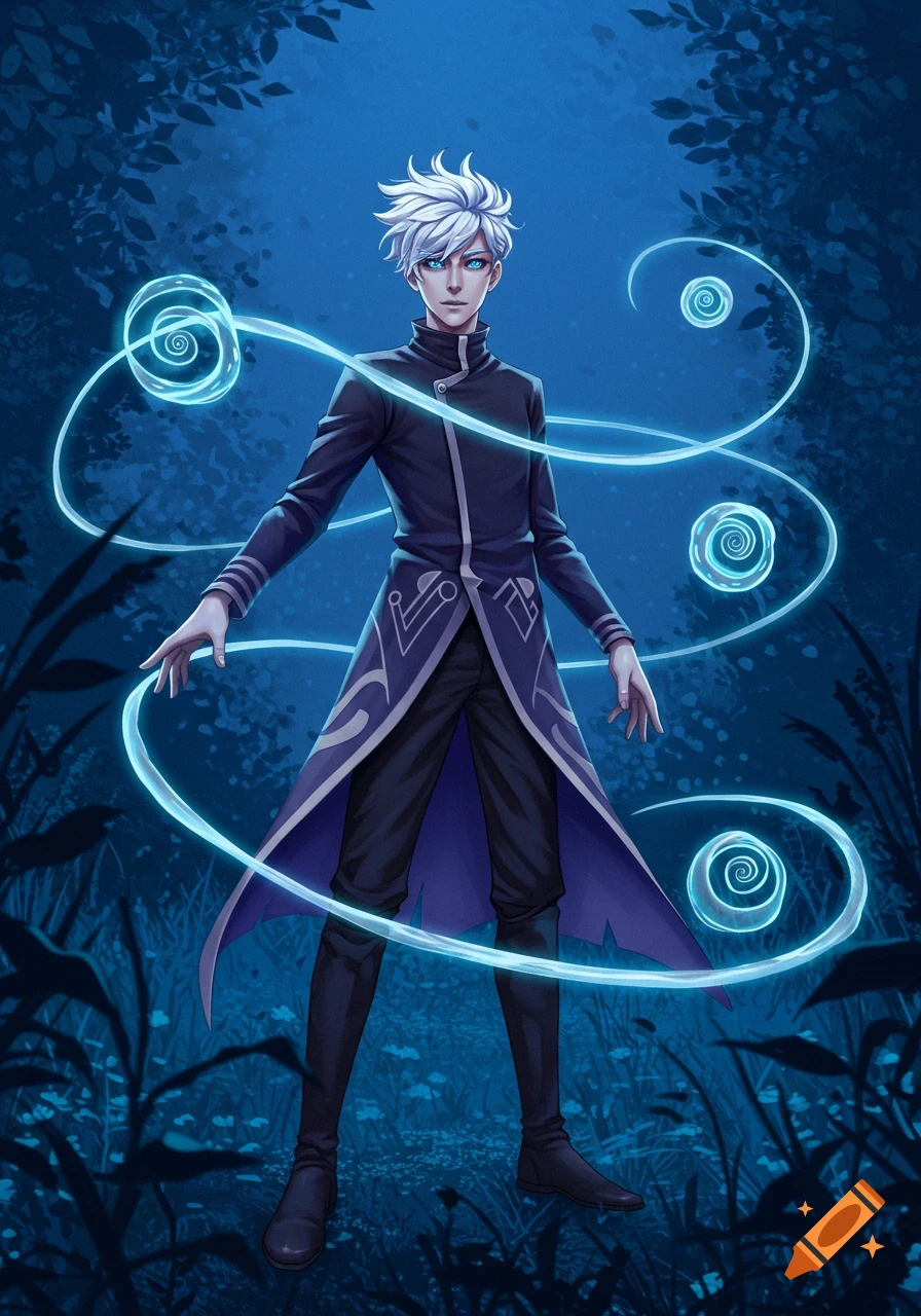 An anime-style teenage sorcerer with white hair and blue eyes stands in a dark forest, surrounded by swirling blue magical energy.