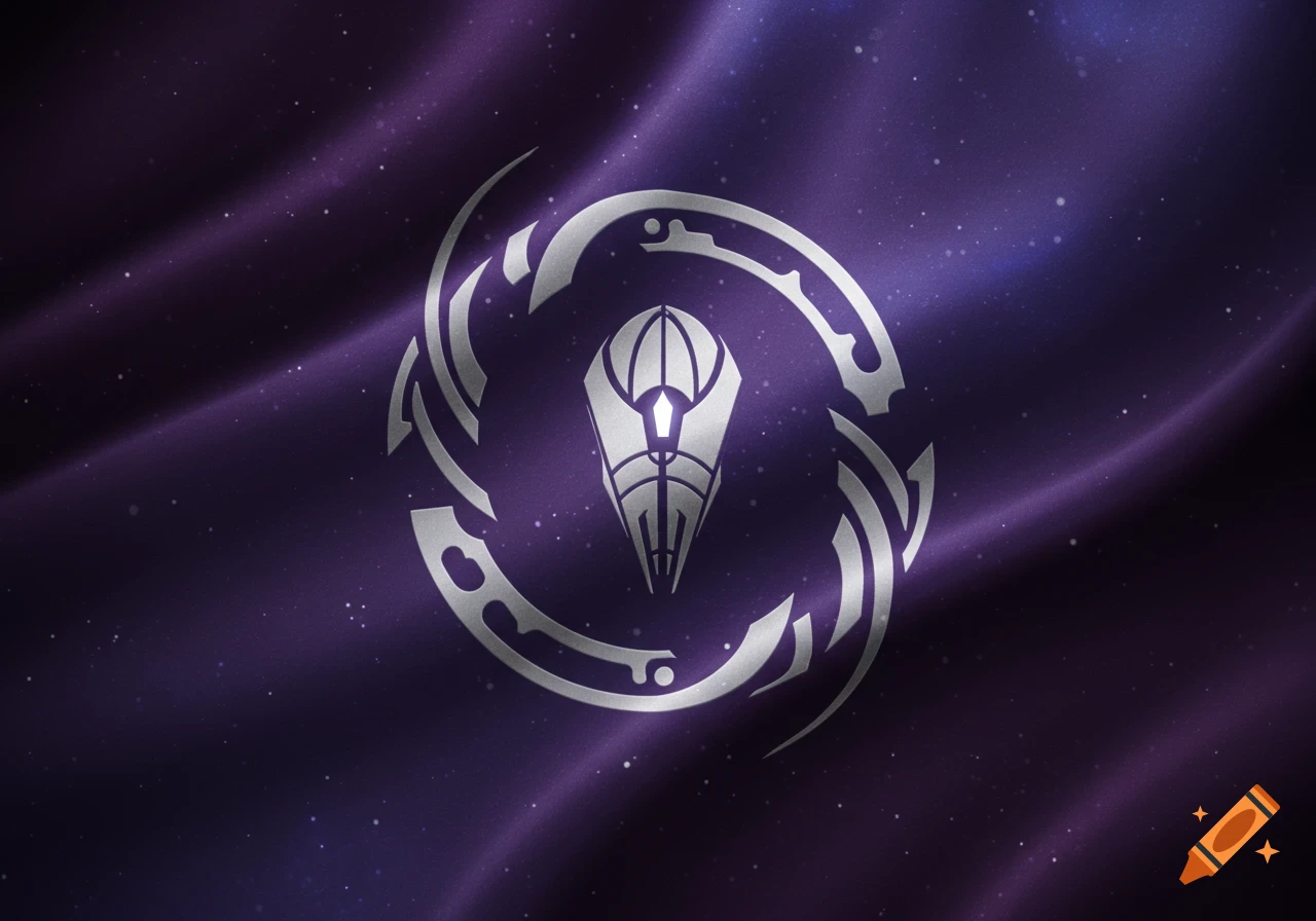 A rippling purple flag with a metallic silver, futuristic, ornate symbol in the center, against a starry deep purple background.
