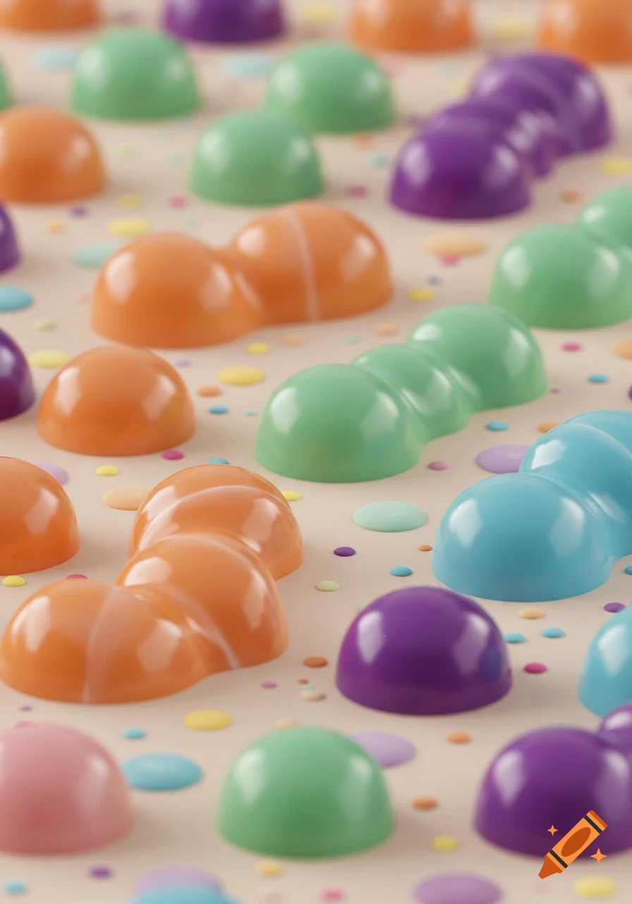 Close-up of colorful, glossy wax melt dots and connected shapes in orange, green, purple, and blue, scattered on a light background with smaller colorful confetti-like dots.
