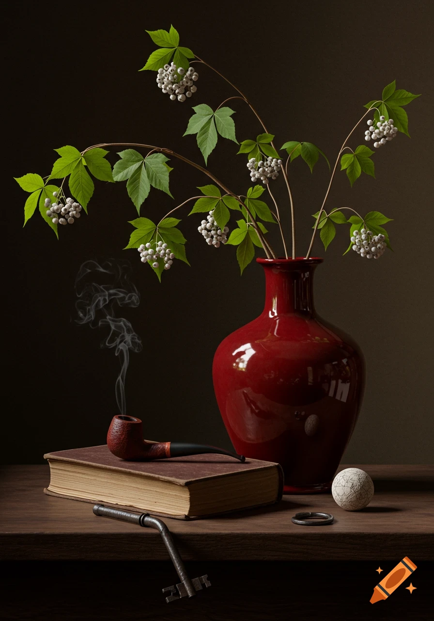 Photorealistic still life with a red vase of leafy branches, white berries, a smoking pipe on an old book, a key, and a white sphere.