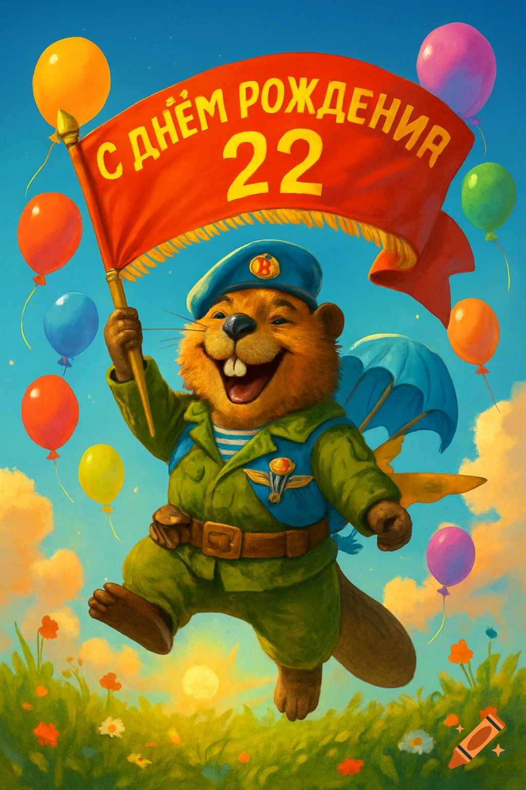 A joyous cartoon beaver in a military uniform jumps in a sunny field, holding a red 'Happy Birthday 22' flag, surrounded by colorful balloons and flowers.