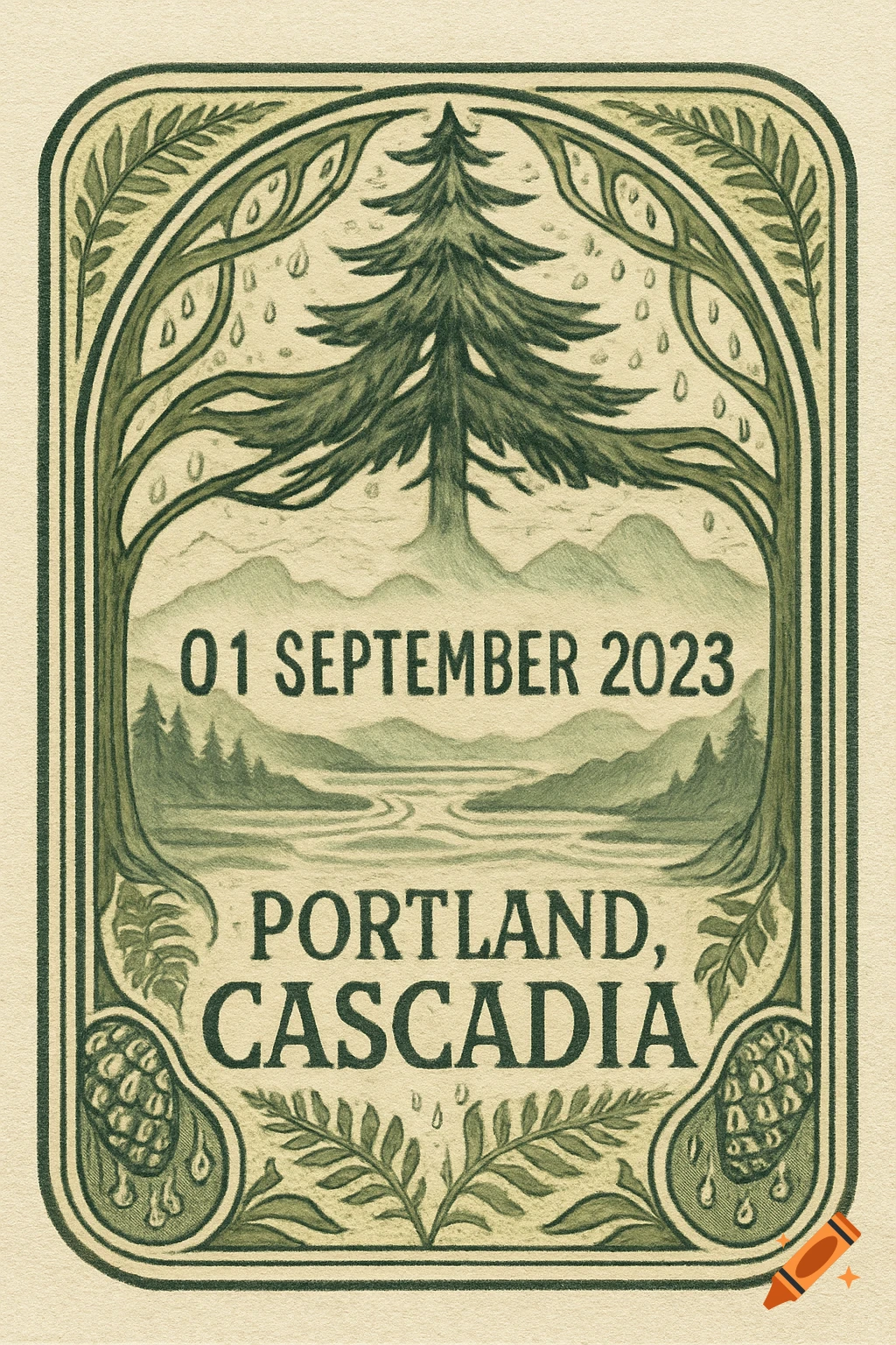 Vintage-style passport stamp illustration for Cascadia with a pine tree, mountains, river, and text '01 SEPTEMBER 2023 Portland, Cascadia' in a decorative border.