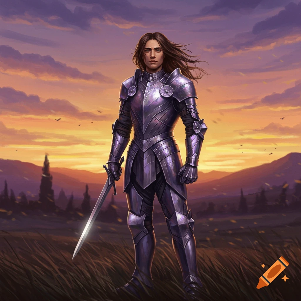 A knight in shining armor stands in a grassy field, holding a sword, against a vibrant sunset over mountains.