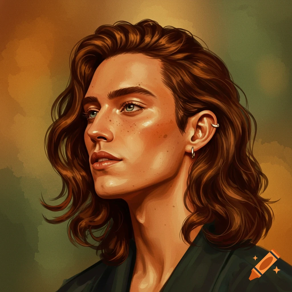 Digital illustration portrait of a person with long wavy brown hair, green eyes, freckles, and ear piercings looking to the left.