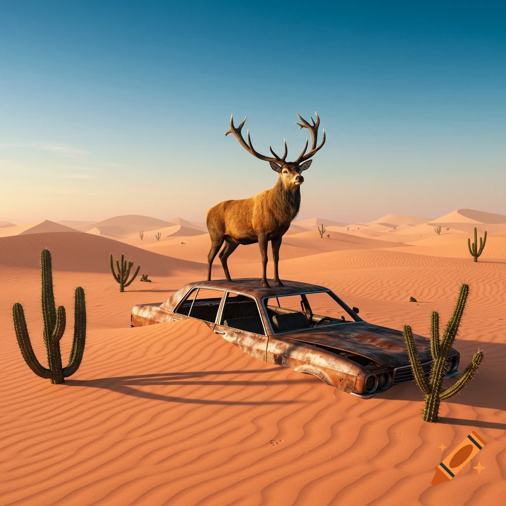 A majestic deer stands on a rusted car partially buried in a sandy desert with dunes and cacti.