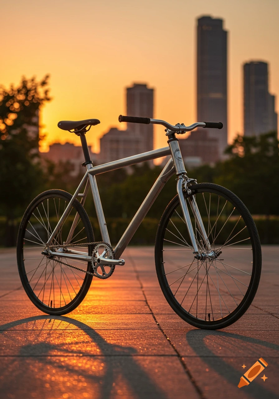 A silver aluminum bicycle stands on a paved surface, silhouetted against a vibrant orange sunset over a city skyline.