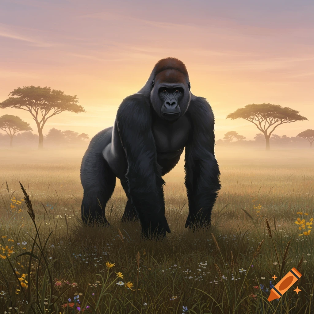 A large, dark-furred gorilla stands in a misty savanna field with tall grasses and acacia trees under a pastel sunrise sky.