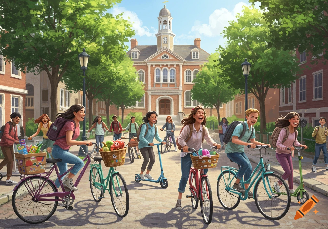 A group of diverse, happy students riding bikes and scooters to a school building on a sunny day in an illustrative style.