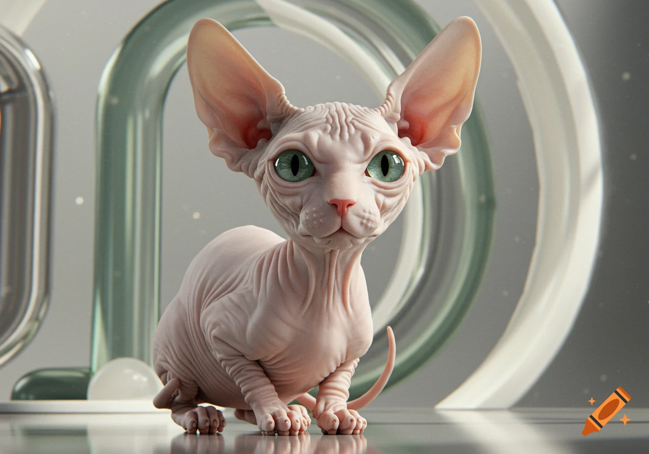 A photorealistic Sphynx cat with large green eyes and pink wrinkled skin sits looking forward against a minimalist, abstract background.