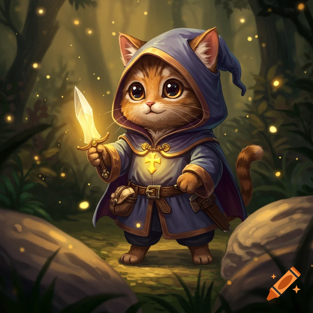 A cute anthropomorphic kitten in a blue hooded robe holds a glowing sword in a magical forest, fantasy illustration.