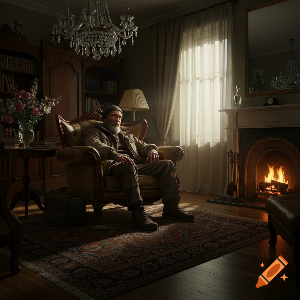 A somber, bearded man in worn clothes sits in a grand, dimly lit living room with a lit fireplace.
