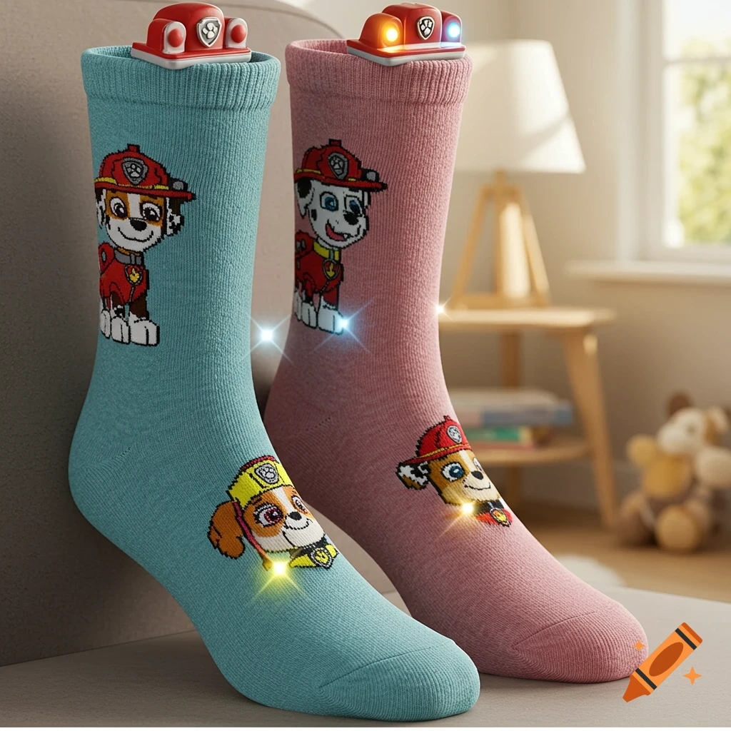 Two pairs of Paw Patrol socks, one teal and one pink, with character images and flashing lights on top, set in a cozy room.
