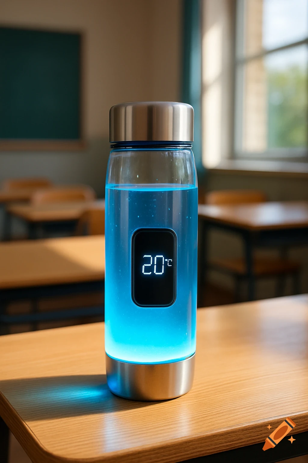 A realistic smart water bottle with blue glowing liquid and a digital screen showing 20°C, on a wooden desk in a modern classroom.