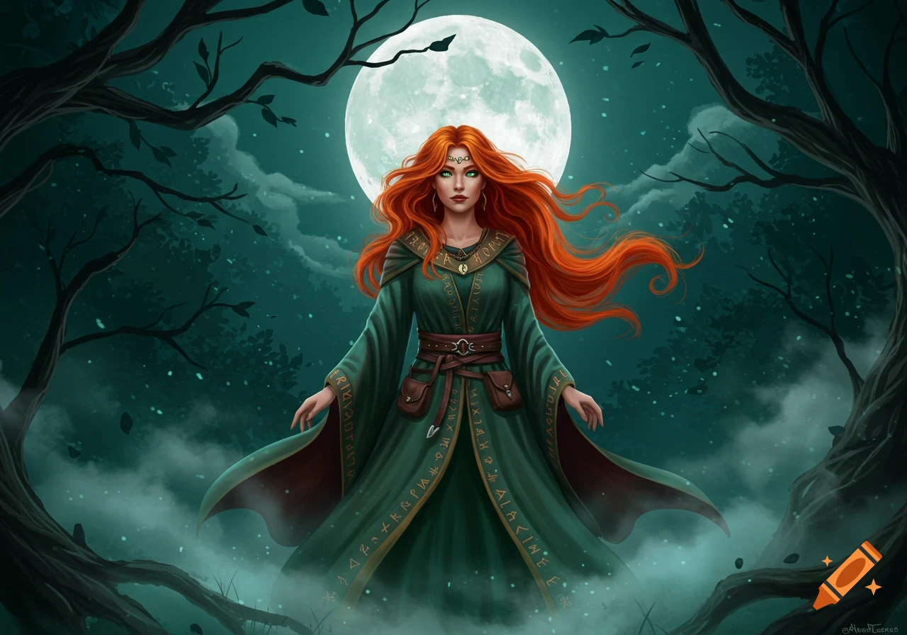 A red-haired witch in a green robe stands under a full moon in a misty, dark forest at night.