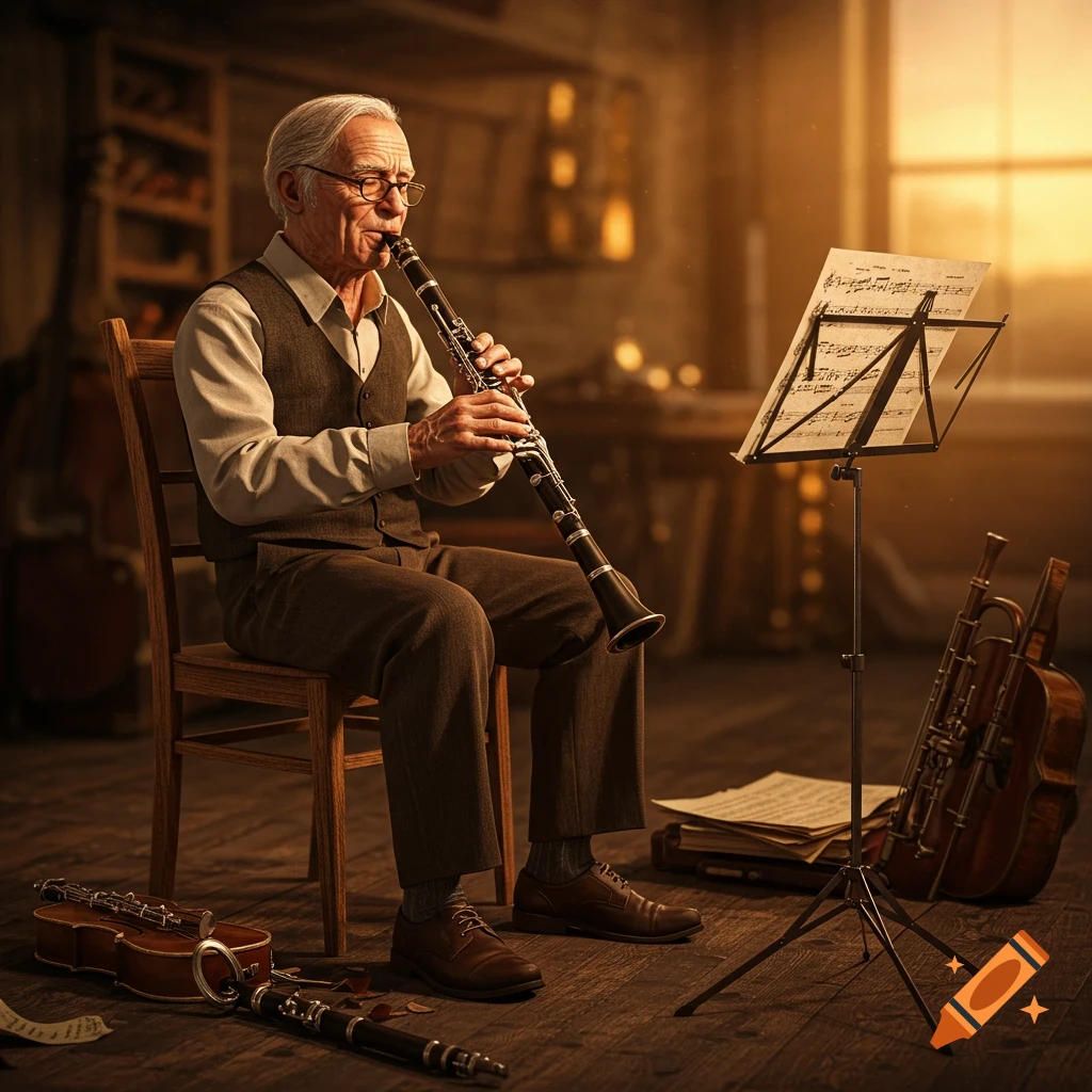 Older man in a vest and glasses playing a clarinet, with sheet music and other instruments in a warmly lit room.