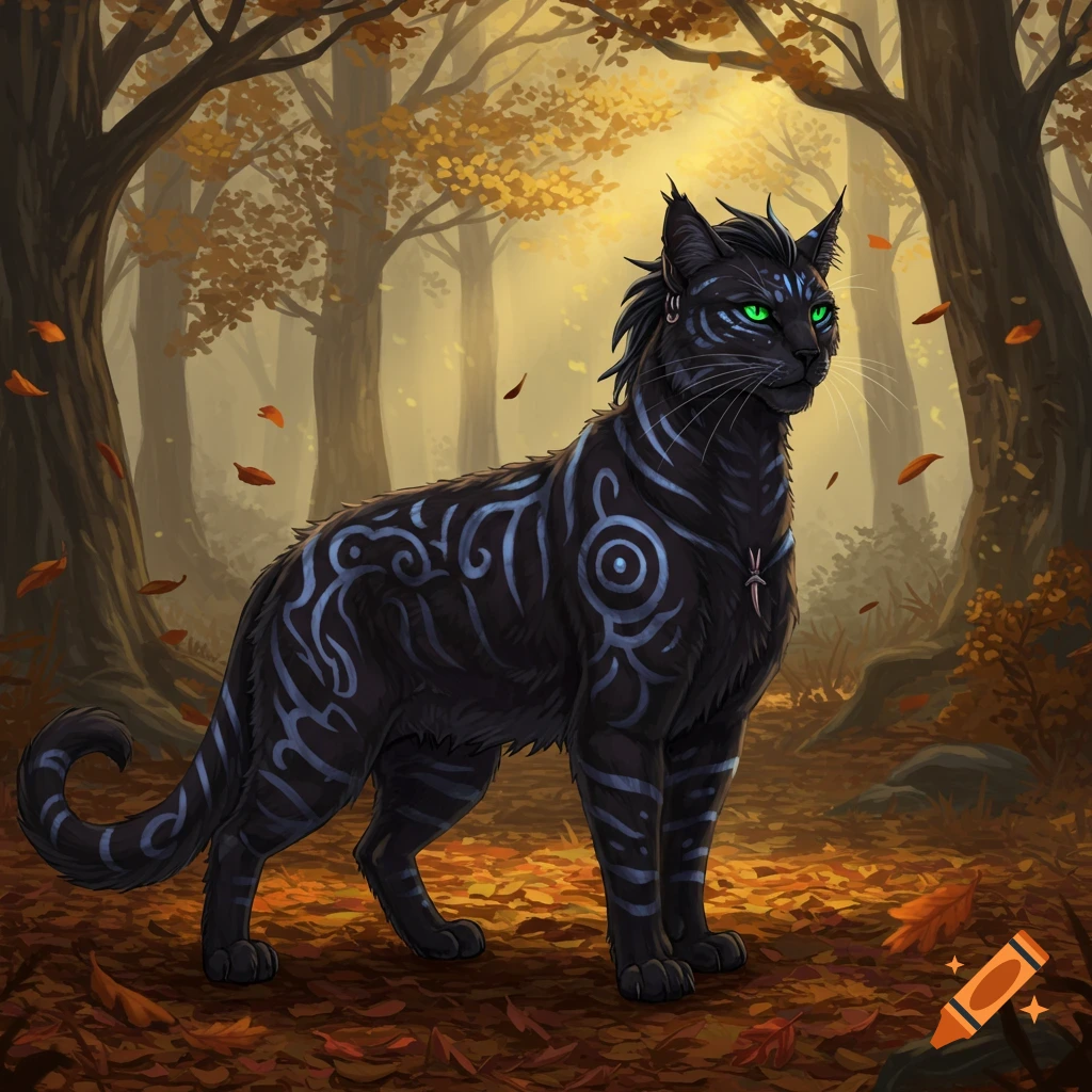 A stylized black cat with glowing green eyes and blue tribal markings stands in an autumn forest with fallen leaves.