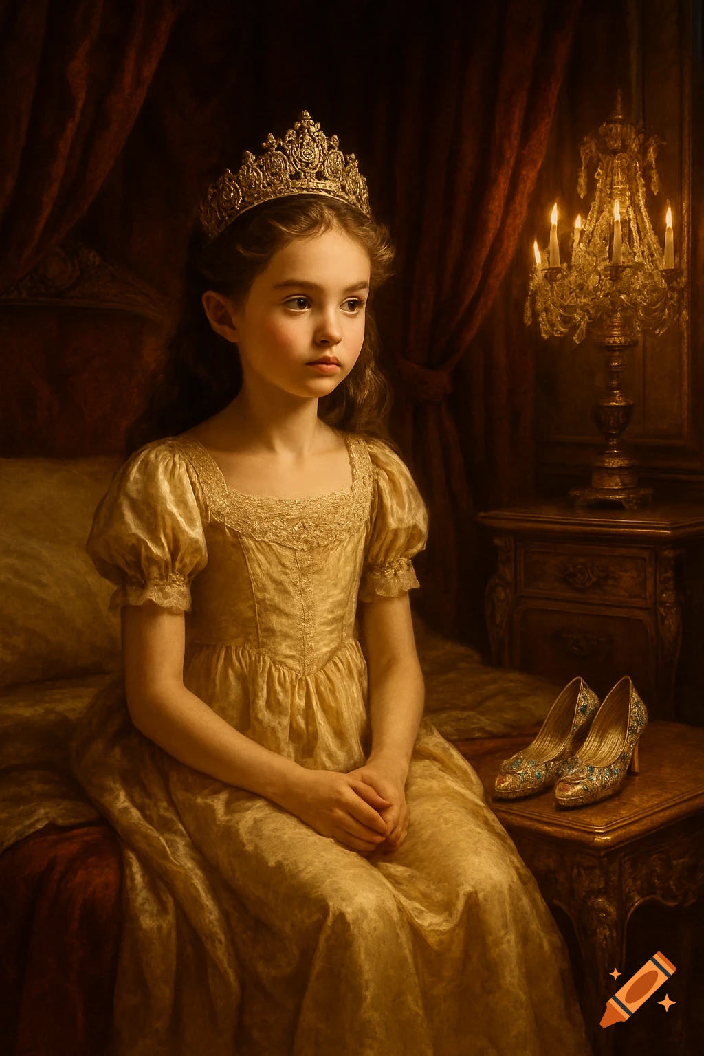 A young girl with a golden crown and dress sits on an ornate bed in a richly decorated, dimly lit room with a chandelier.