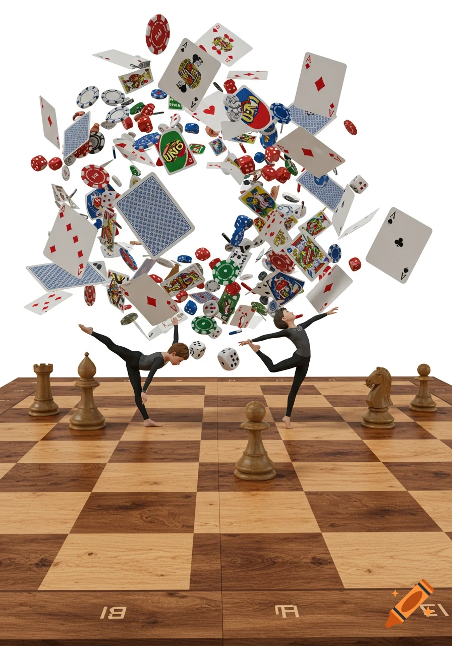 Two 3D gymnasts in black outfits balance on a giant chessboard as playing cards, UNO cards, poker chips, and dice explode upwards from the center against a white background.