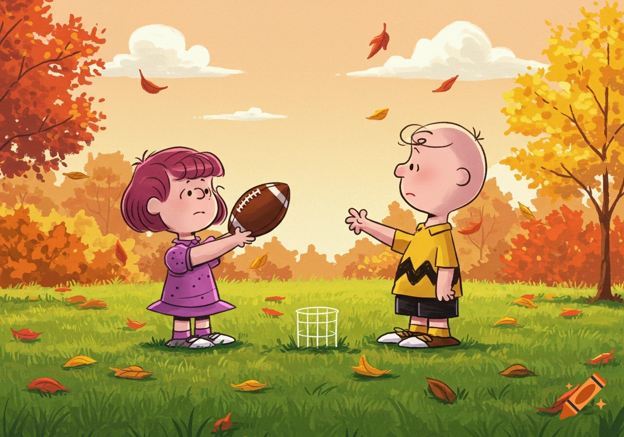 Peppermint Patty holds a football for Charlie Brown in a vibrant autumn field with colorful trees and falling leaves.
