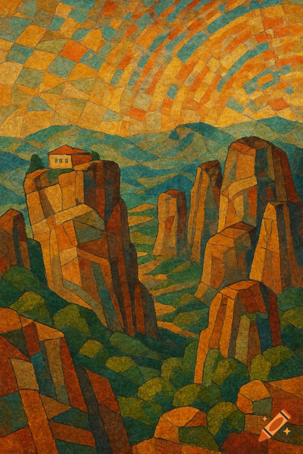 A cubist painting of a house atop a towering rock formation in a mountainous landscape, rendered in earth tones and a mosaic-like style.