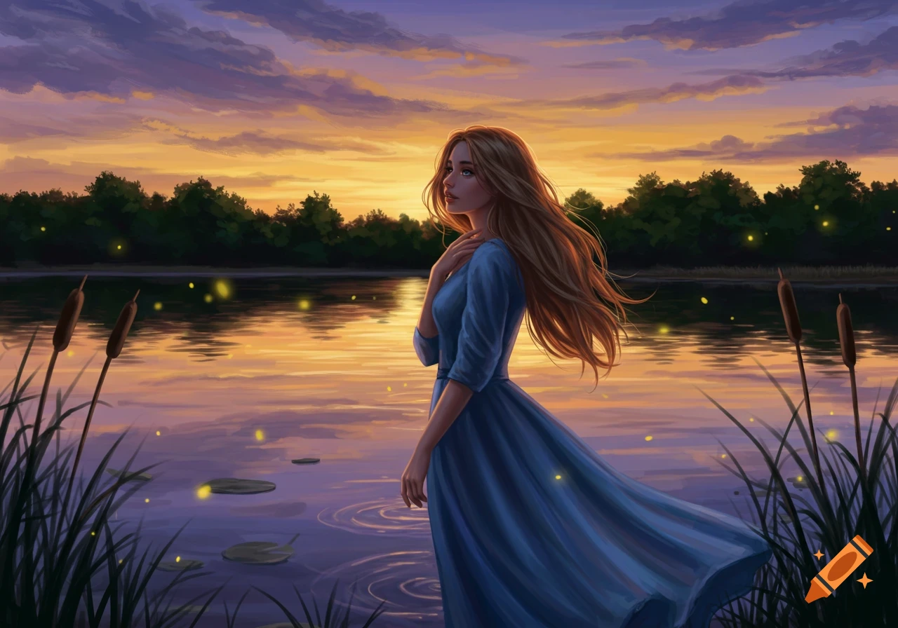 An illustrative fantasy art image of a woman in a blue dress by a lake at a colorful sunset with fireflies.