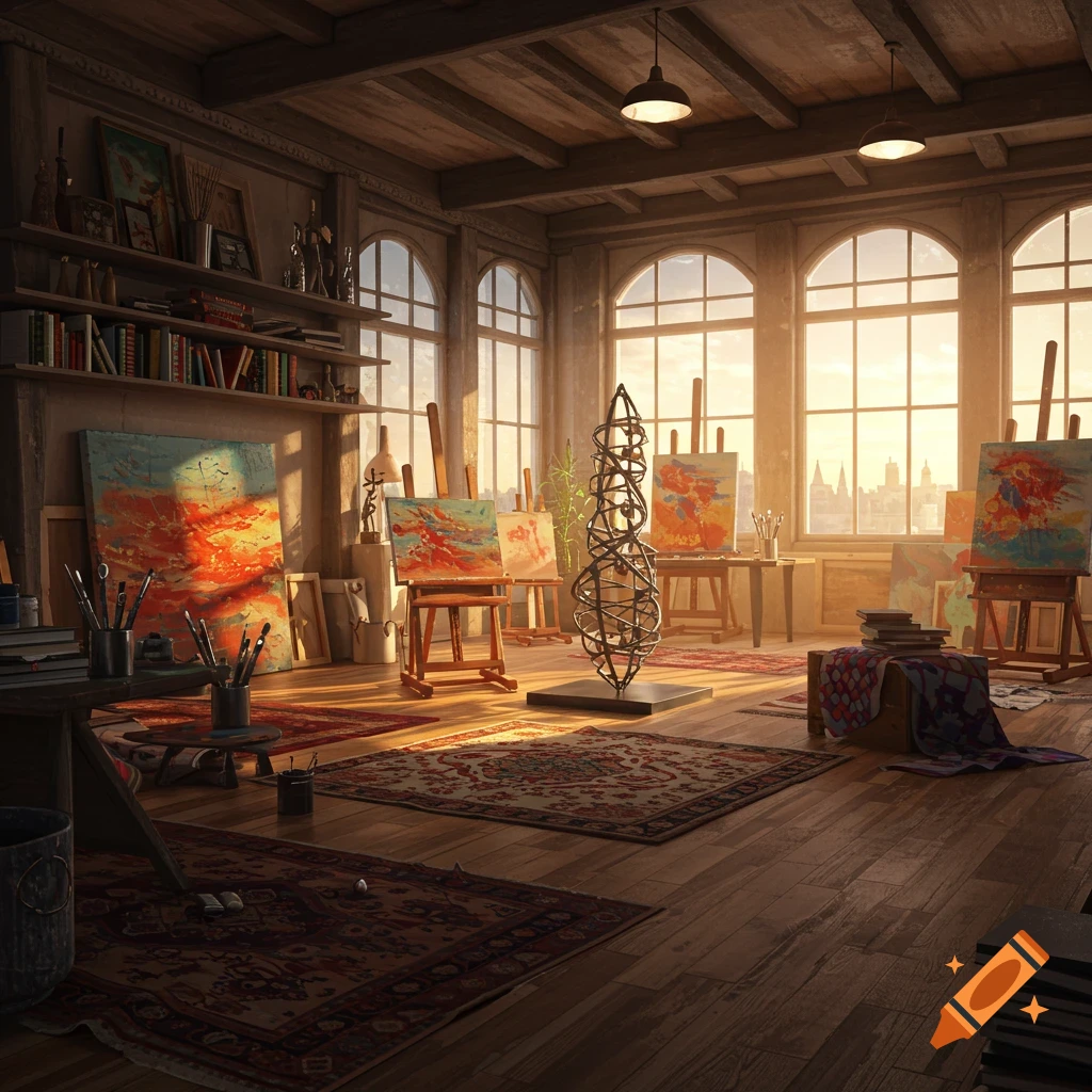 Spacious, sunlit artist's studio with multiple easels, abstract paintings, art supplies, and a metal sculpture, in a photorealistic style.