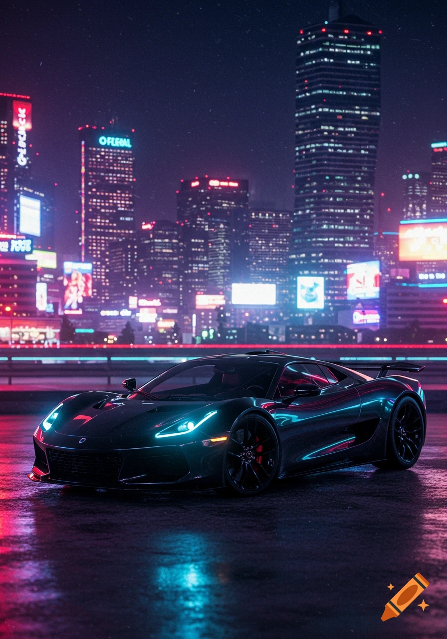 A black sports car with glowing blue headlights sits on a wet street at night, surrounded by a city skyline illuminated with neon pink and blue lights.