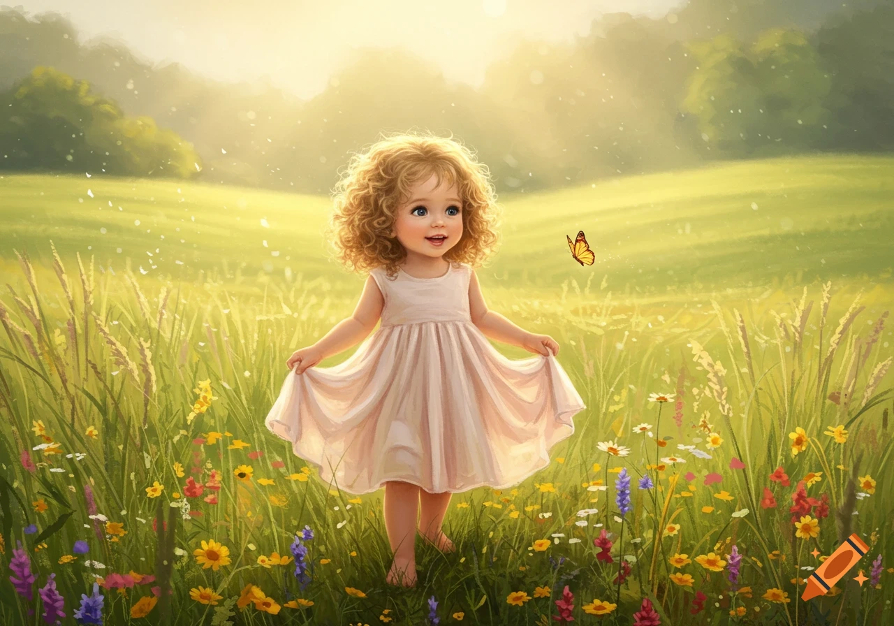 A smiling curly-haired toddler in a light dress stands barefoot in a sunlit field of wildflowers, looking at a butterfly.