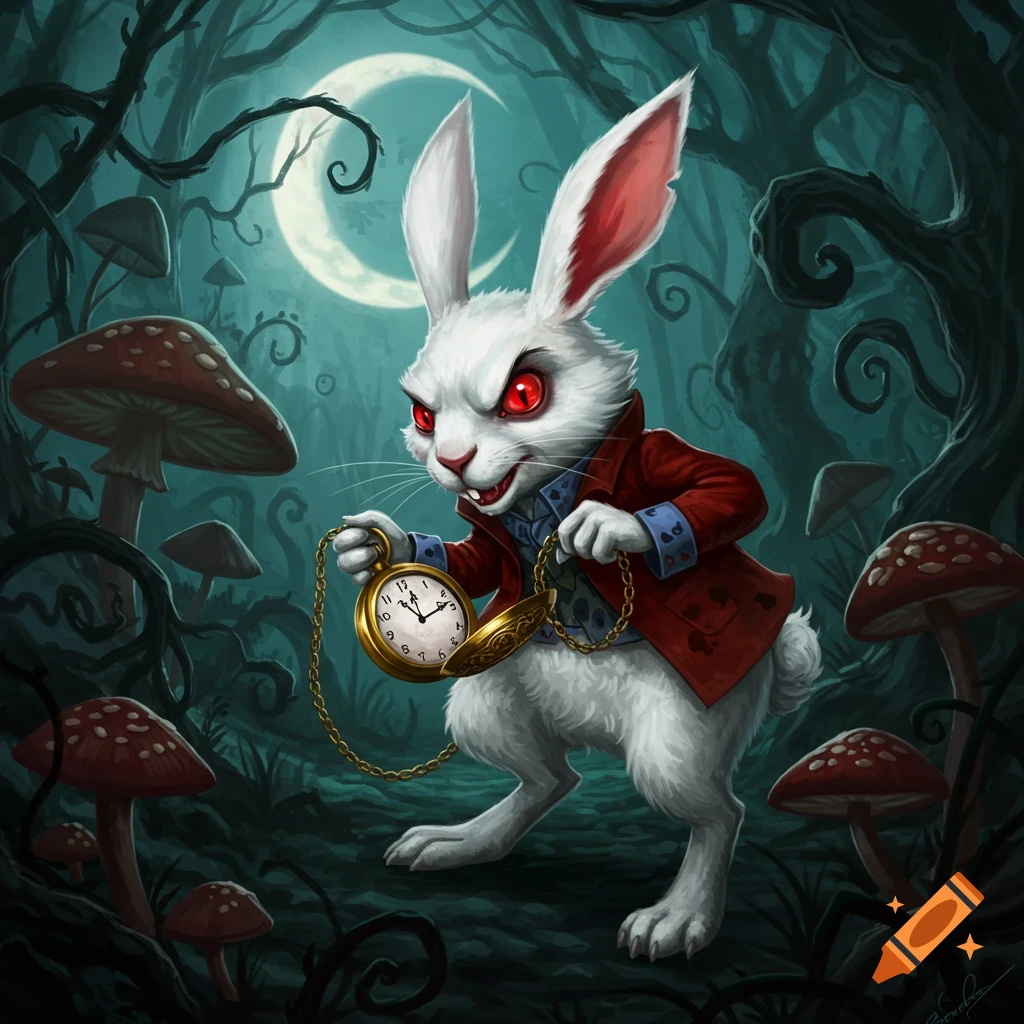 Evil White Rabbit from Alice in Wonderland, red eyes, red jacket, holding a pocket watch in a dark, moonlit fantasy forest with mushrooms.