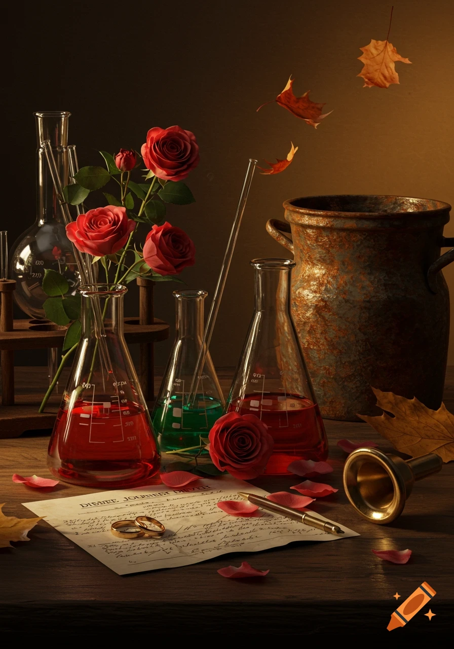A dramatic still life with scientific beakers, red roses, wedding rings on a document, autumn leaves, and a rustic pot.