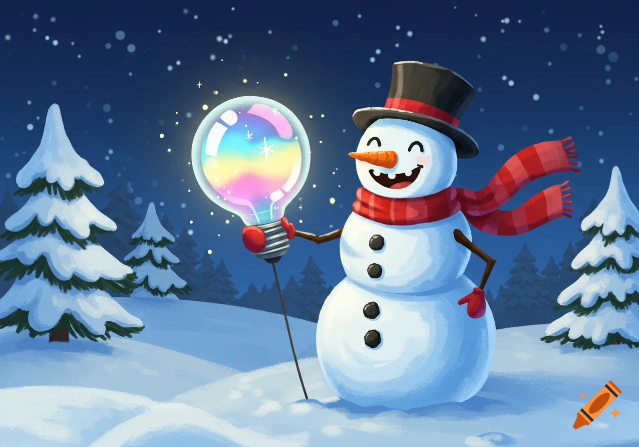 A cartoon snowman wearing a top hat and red scarf holds a glowing rainbow lightbulb in a snowy night scene.