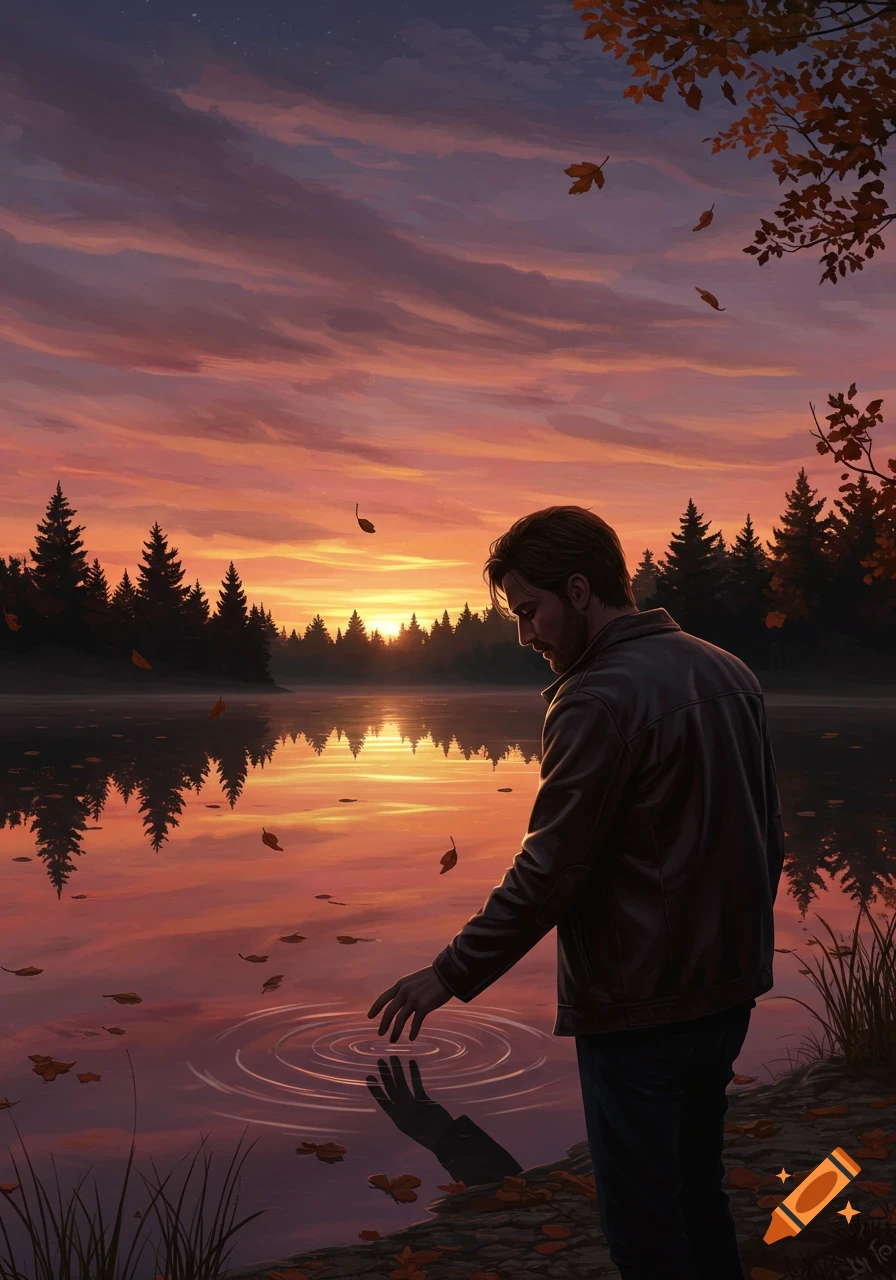 Digital painting of a man touching a lake at sunset, reflecting a forest, with autumn leaves falling.