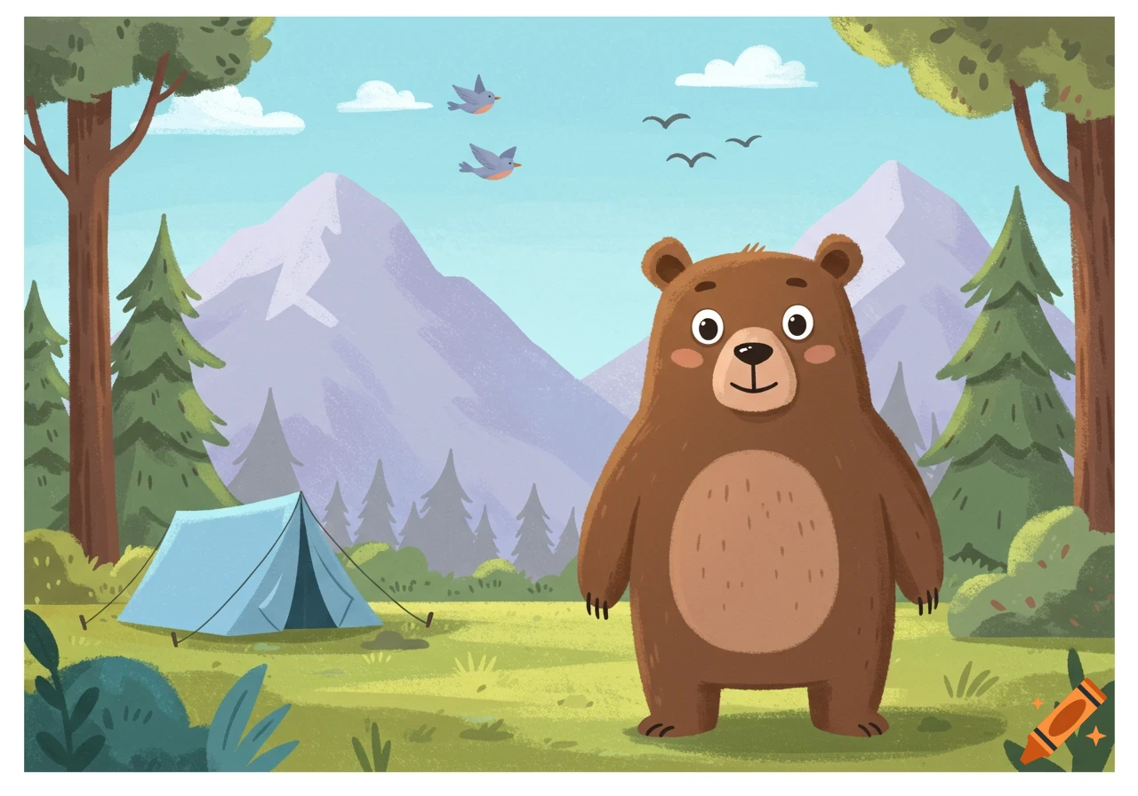 A friendly cartoon bear stands in a forest clearing with a blue tent, mountains, and birds in the sky.