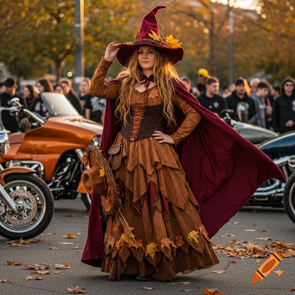 A woman dressed as an autumn witch with a pointed hat and flowing cape stands among motorcycles and fallen leaves.