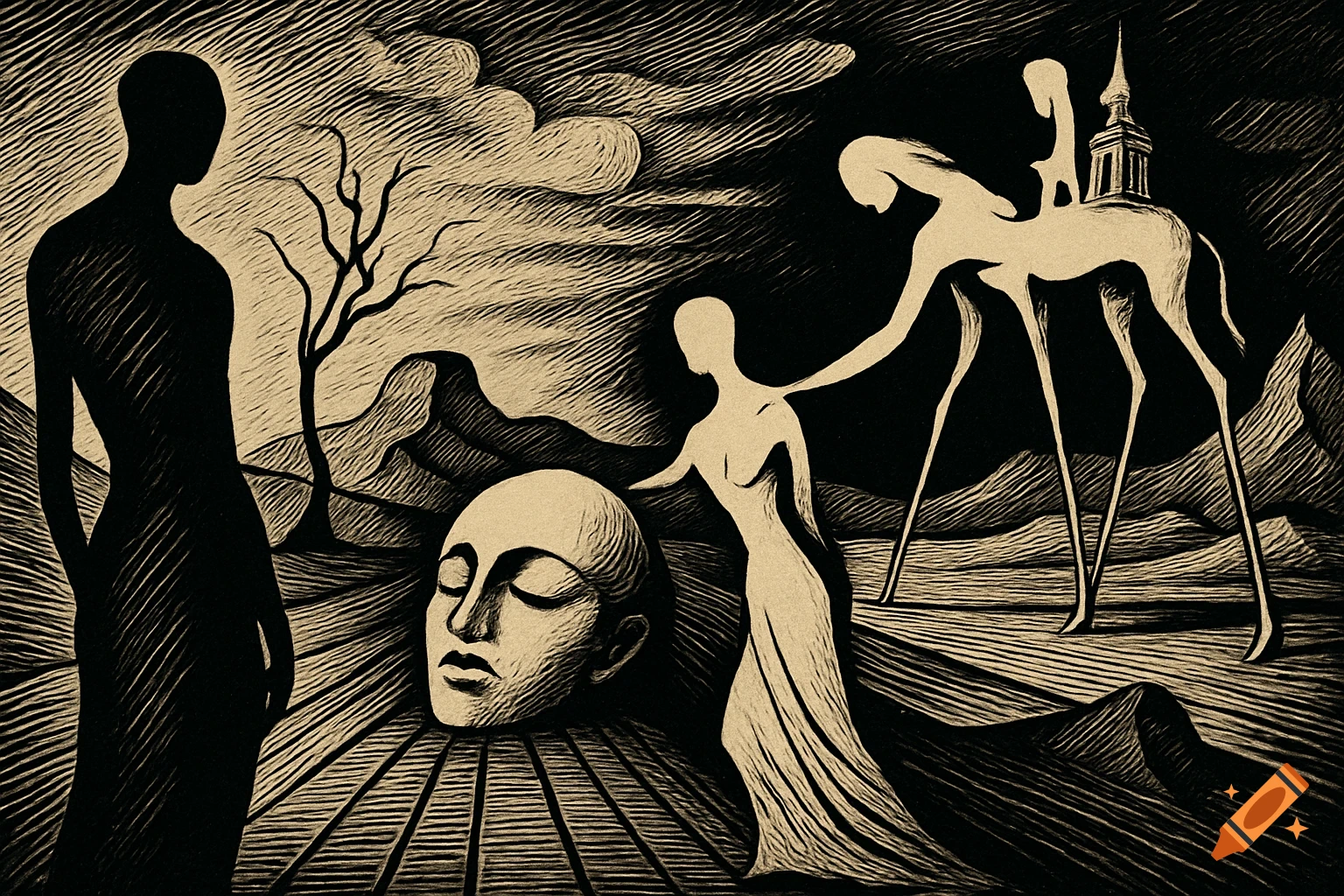 Surreal, high-contrast, black and sepia linocut style image of abstract figures, a large head, and a long-legged creature in a desolate landscape.