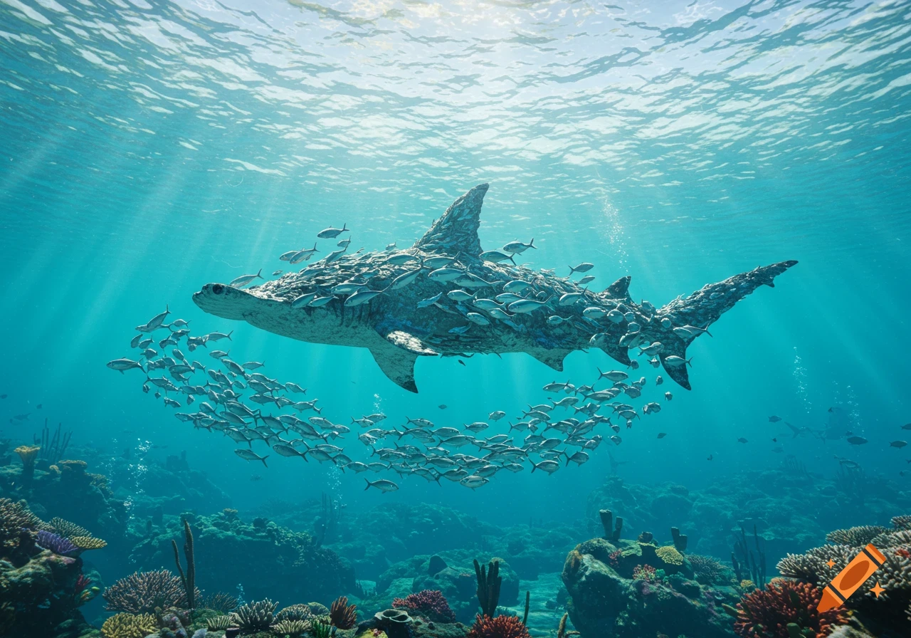 A large hammerhead shark, formed entirely by a school of smaller fish, swims through a sunlit coral reef.